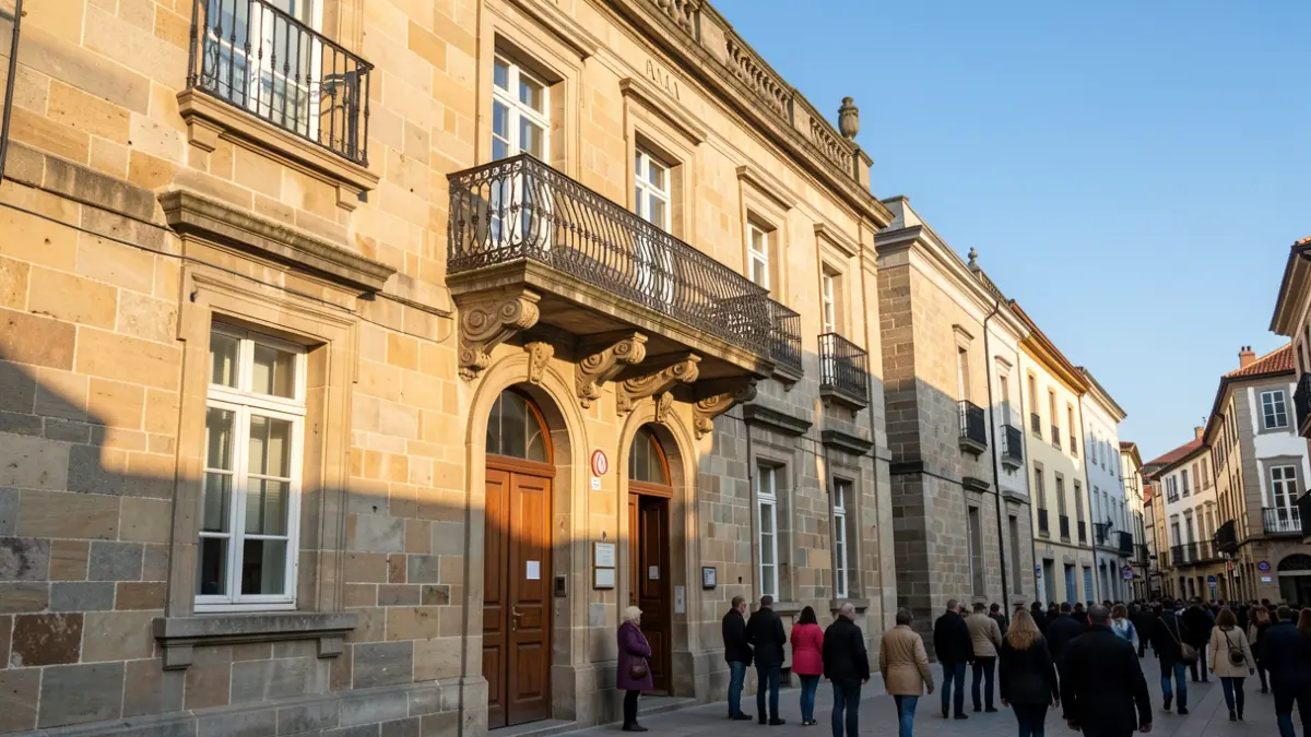 Imaxe xenérica dun concello galego de pedra con balcón ornamentado.