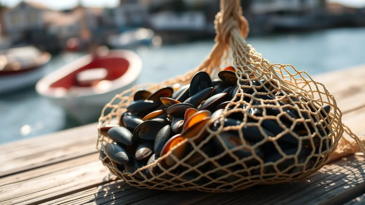 Imagen genérica de productos del mar en una red de pesca.