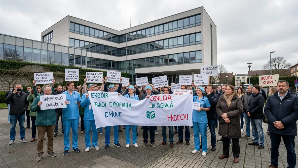 Imaxe xenérica de sanitarios galegos protestando diante dun hospital.