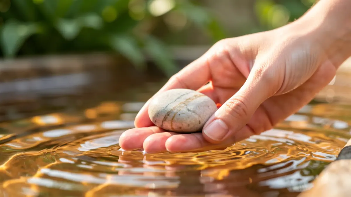 Imaxe xenérica dunha man sostendo unha pedra lisa sobre auga corrente, nun ambiente de spa.