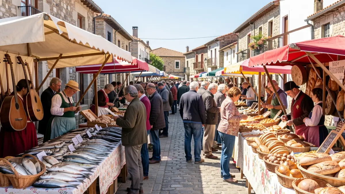 Imagen genérica de un festival gastronómico al aire libre en Galicia con puestos de comida y gente.