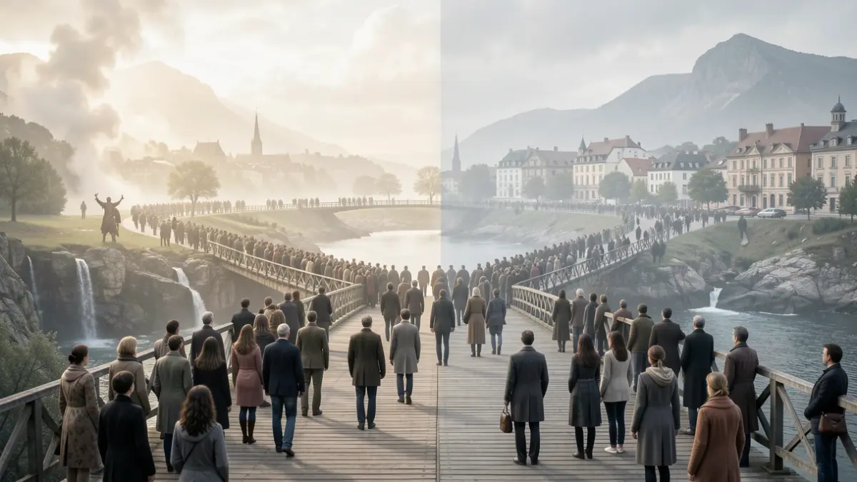 Imaxe conceptual dunha ponte simbólica entre o mito e a realidade.