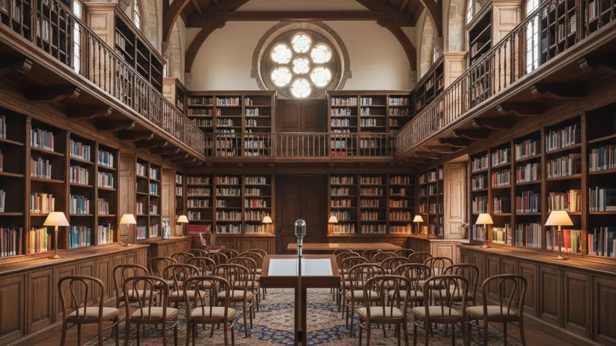 Imaxe xenérica dunha biblioteca ou sala de presentacións literarias.