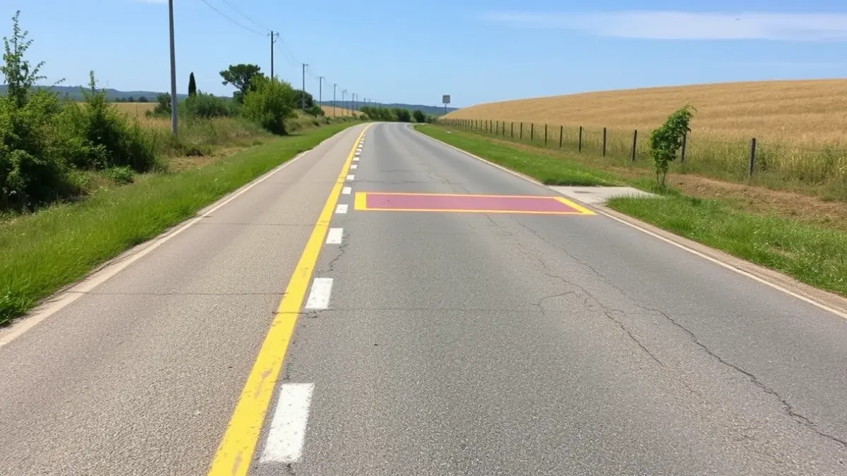 Imaxe xenérica dunha estrada recentemente pavimentada con sinalización viaria.