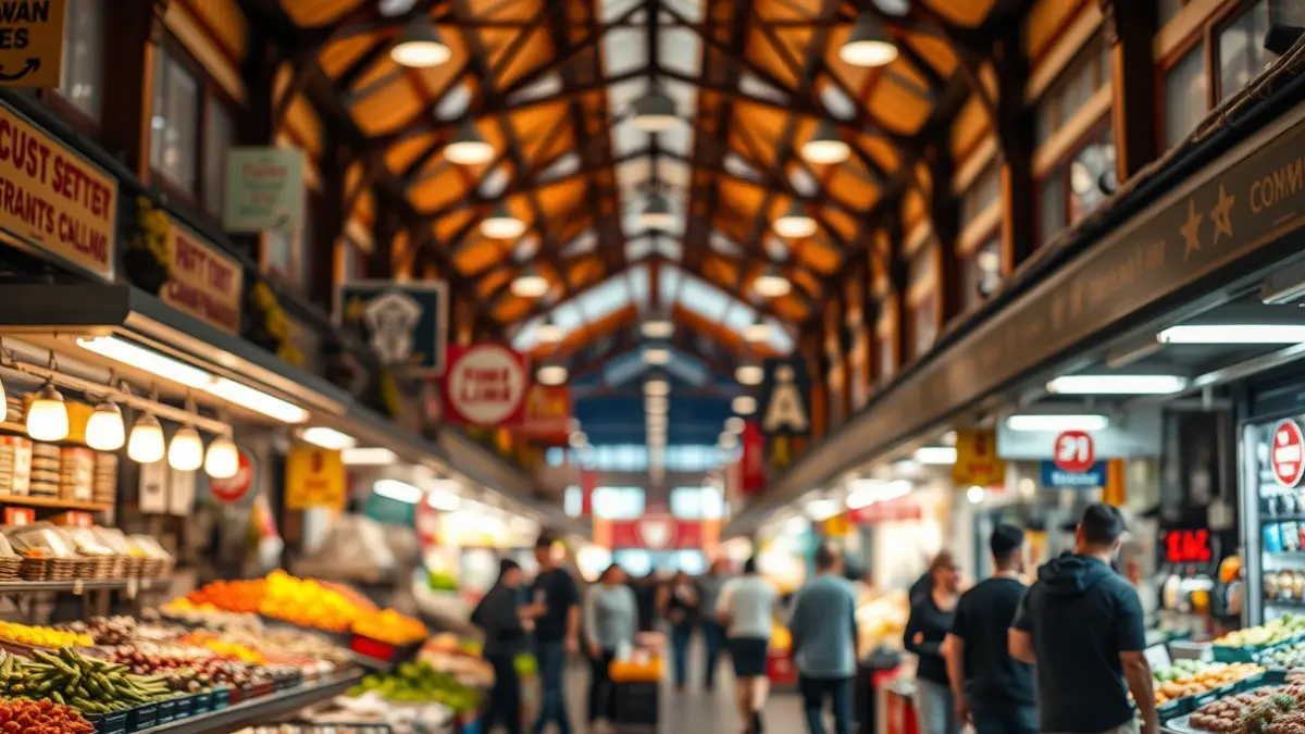 Imagen genérica del interior de un mercado municipal con puestos de comida y ambiente animado.