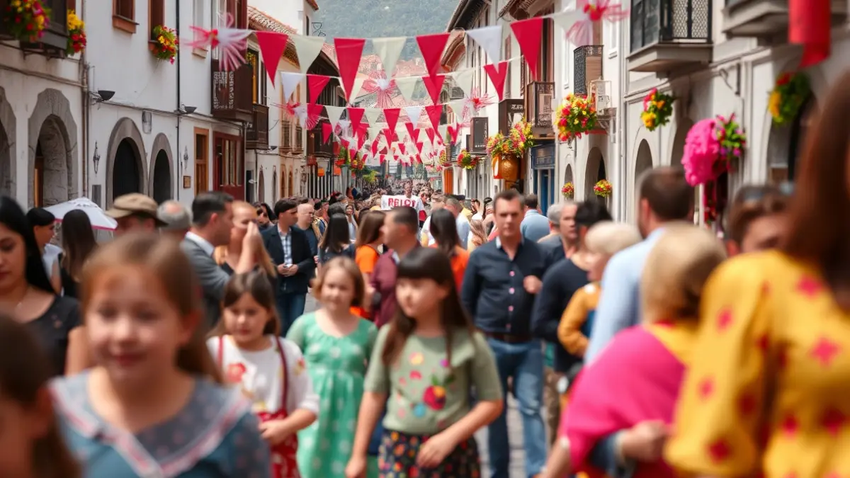 Imagen de una celebración tradicional en la calle con niños y adultos.