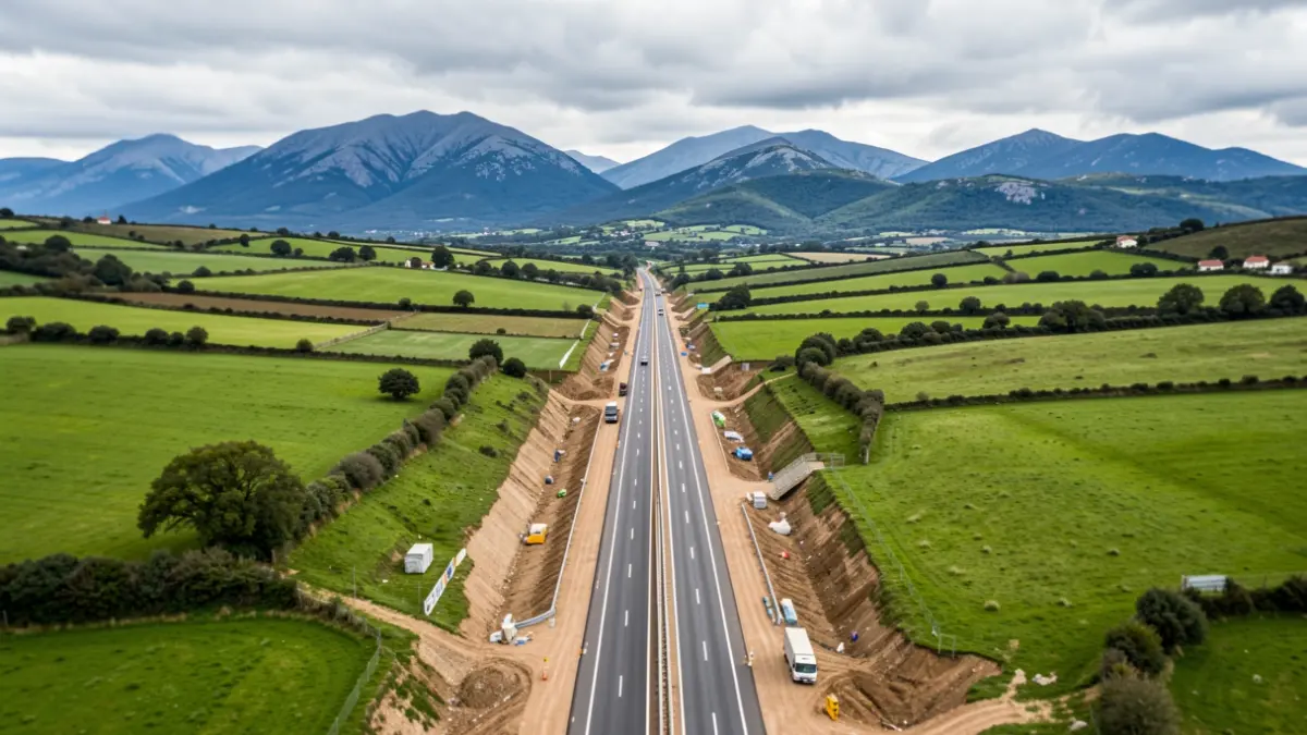 Imagen aérea de un tramo de la autovía AG-55 en construcción en la Costa da Morte.