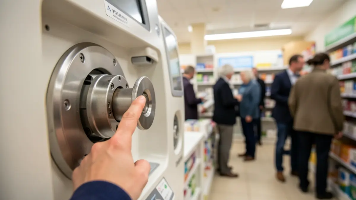 Primeira dun dedo atrapado nunha máquina dunha farmacia.