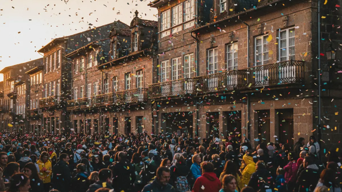 Imagen genérica de un desfile festivo con confeti y multitud borrosa.