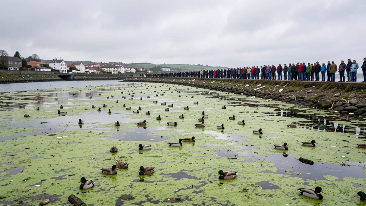 Imaxe dunha ría contaminada con aves mortas.