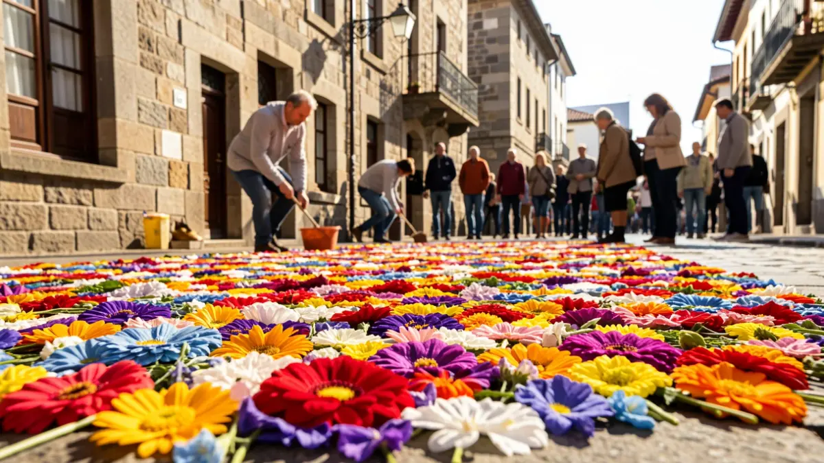 Imaxe dunha alfombra floral en proceso de creación na rúa de Bueu, con arquitectura tradicional de fondo.
