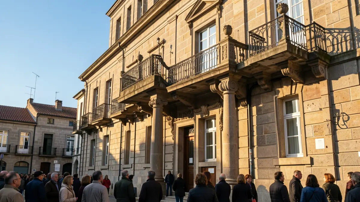 Imagen genérica de un ayuntamiento gallego de granito con balcón y barandillas de hierro, a la luz del sol de la tarde.