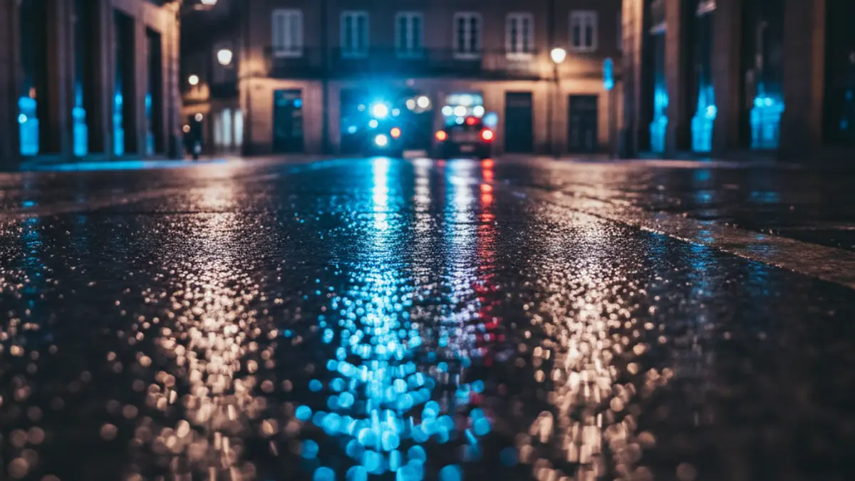 Imaxe xenérica de luces de emerxencia reflectíndose sobre asfalto mollado pola noite.