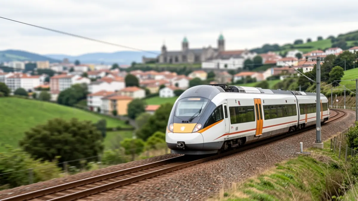Imaxe dun tren de alta velocidade con paisaxes de Vigo e Santiago de fondo.