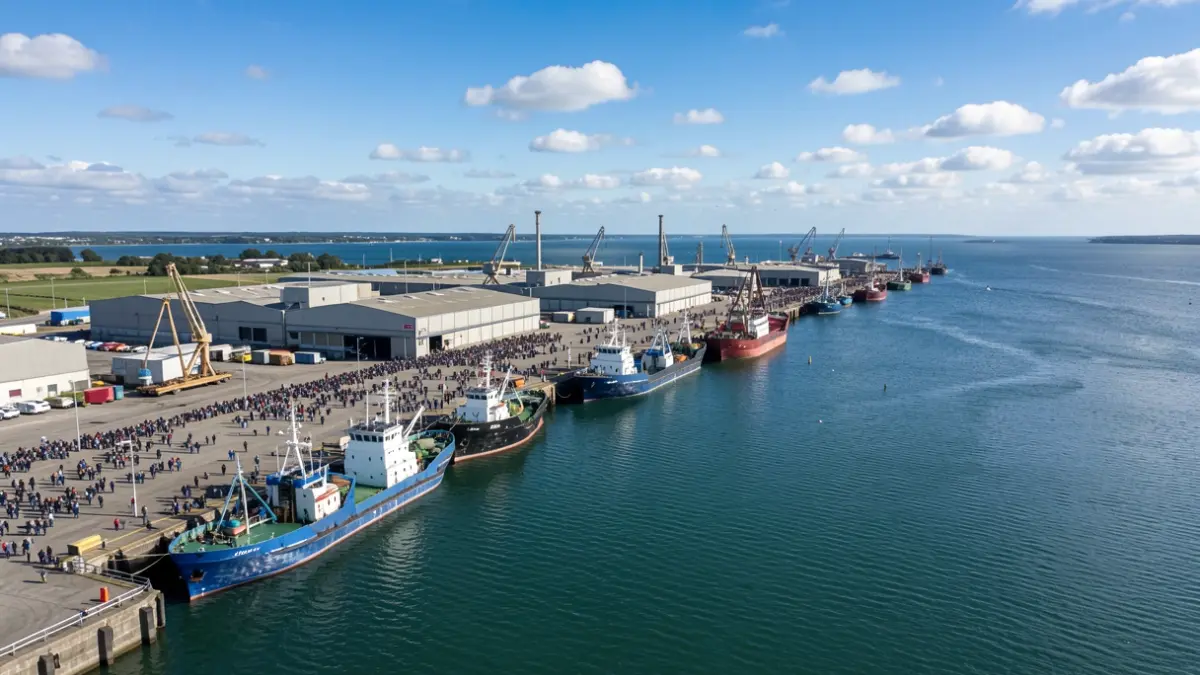 Vista aérea dun porto industrial con barcos de pesca e plantas de procesamento.