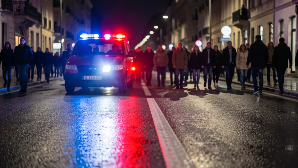 Imagen genérica de luces de emergencia policiales reflejando en una carretera mojada por la noche.