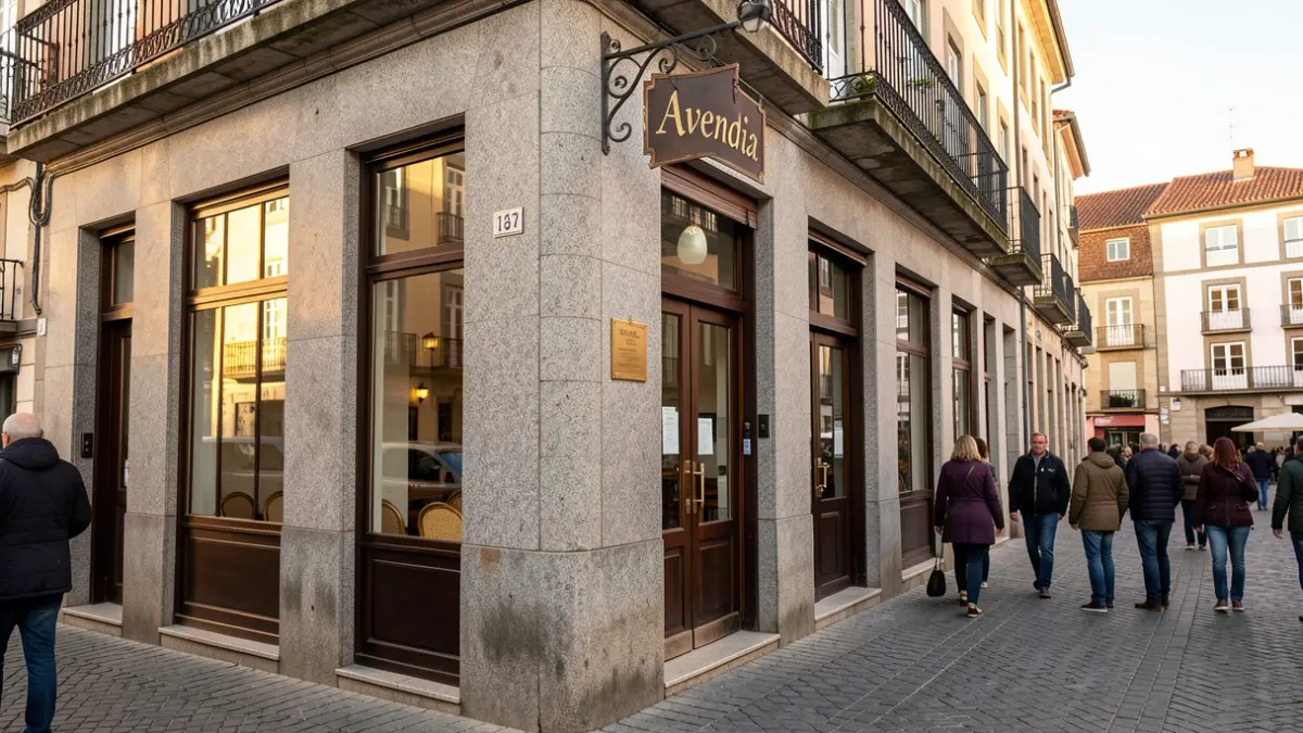 Imaxe xenérica dunha cafetería clásica con fachada de granito e un letreiro que di 'Avenida'.