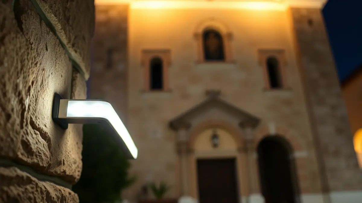 Imaxe xenérica de iluminación LED moderna nunha parede de pedra.