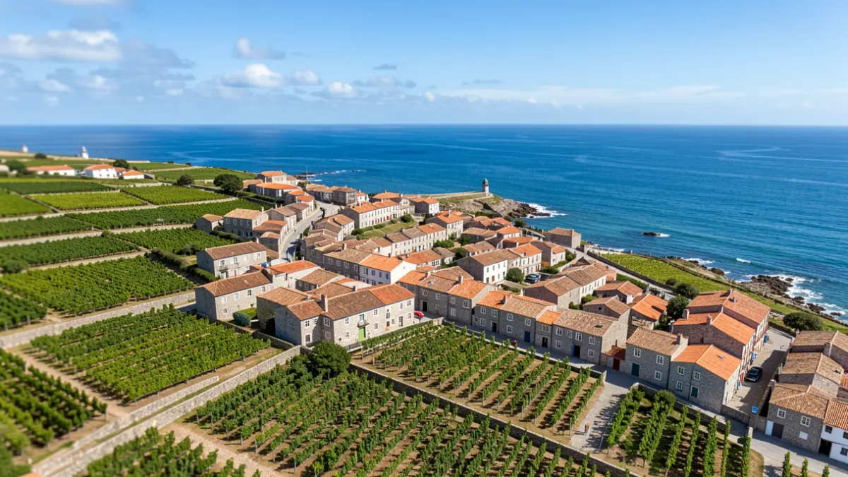 Vista aérea da vila de Cambados, con edificios de granito e viñedos.