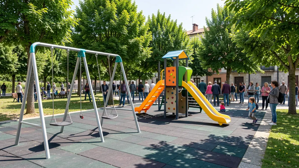 Imaxe xenérica dun parque infantil renovado con columpios, tobogáns e pavimento de caucho.