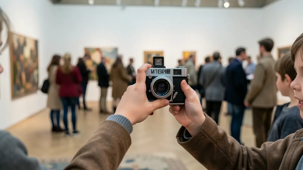 Manos de niños explorando una exposición de fotografía con cámaras antiguas.