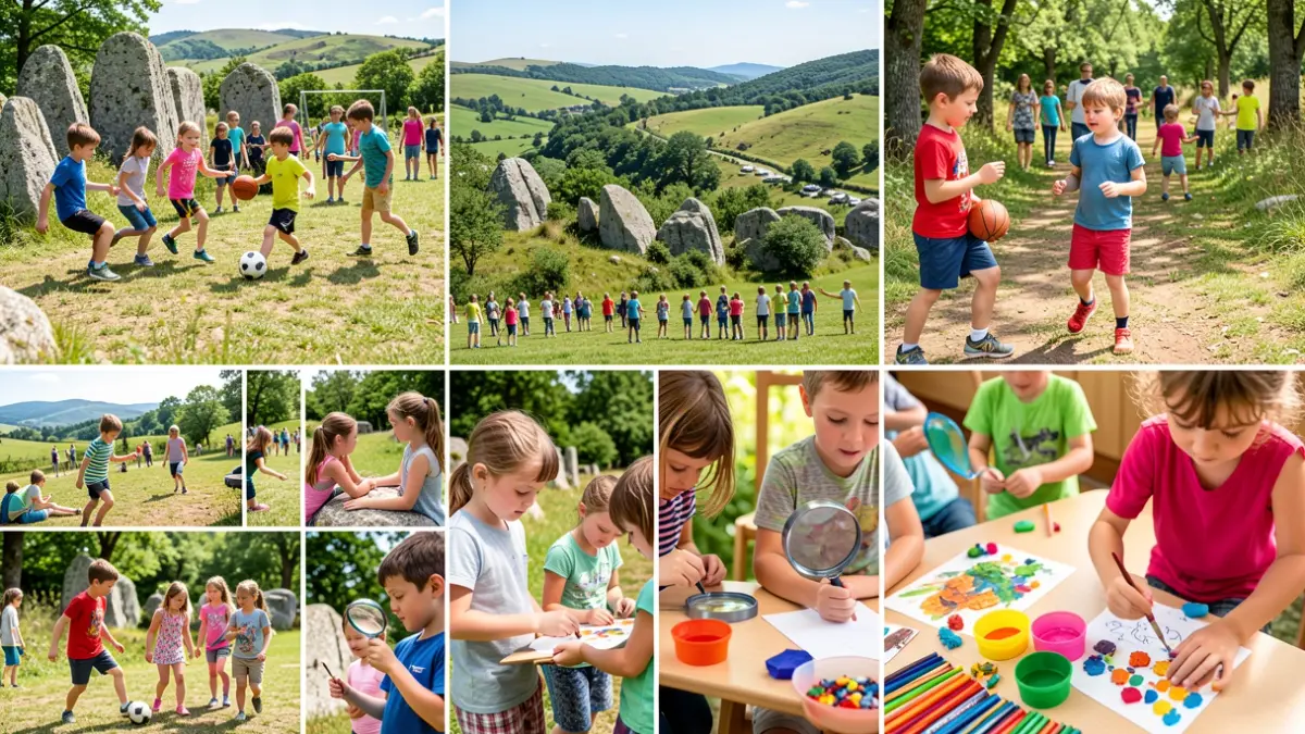 Imaxe dun collage de actividades de campamentos de verán para nenos en Galicia, con deportes, natureza e manualidades.