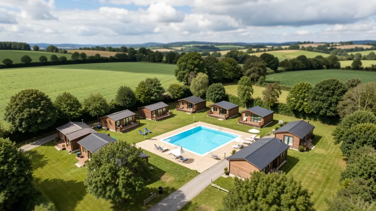 Imaxe xenérica dun cámping rural en Galicia con bungalows e piscina.