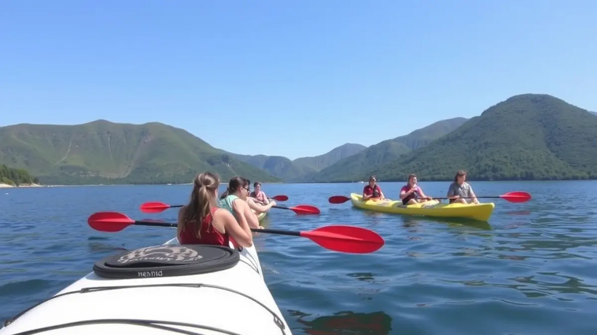 Imagen genérica de jóvenes practicando piragüismo en una ría gallega.