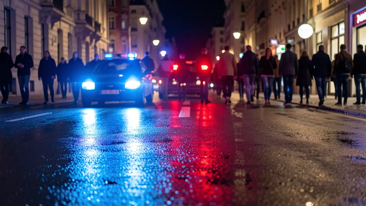 Imagen genérica de luces de emergencia azules y rojas reflejando en una carretera mojada por la noche.