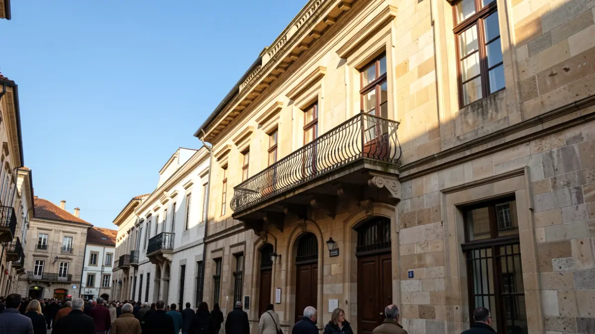 Imaxe xenérica dun concello galego de pedra con balcón ornamentado e raís, baixo a luz do sol da tarde.