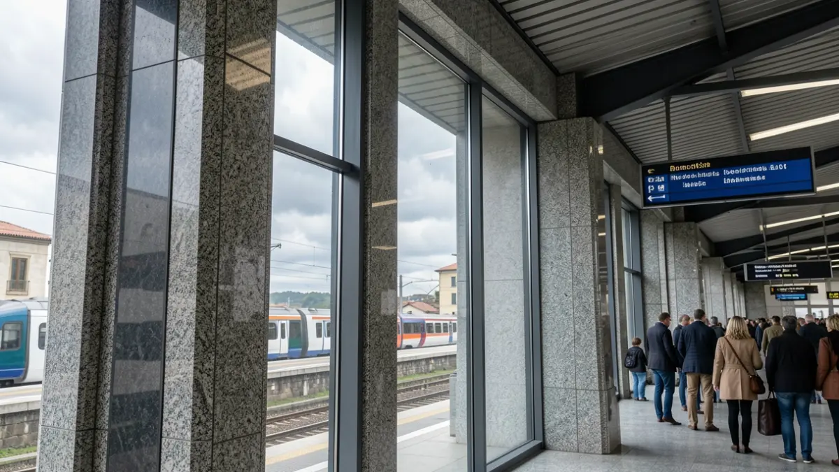 Imaxe xenérica dunha estación de tren moderna con detalles de granito e ventás amplas.