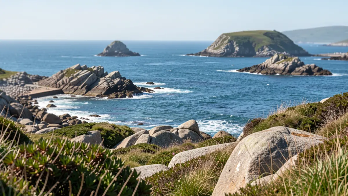 Vista das Illas Cíes dende unha zona costeira tranquila en Galicia, con rochas de granito e vexetación atlántica en primeiro plano, luz clara de tarde de verán.