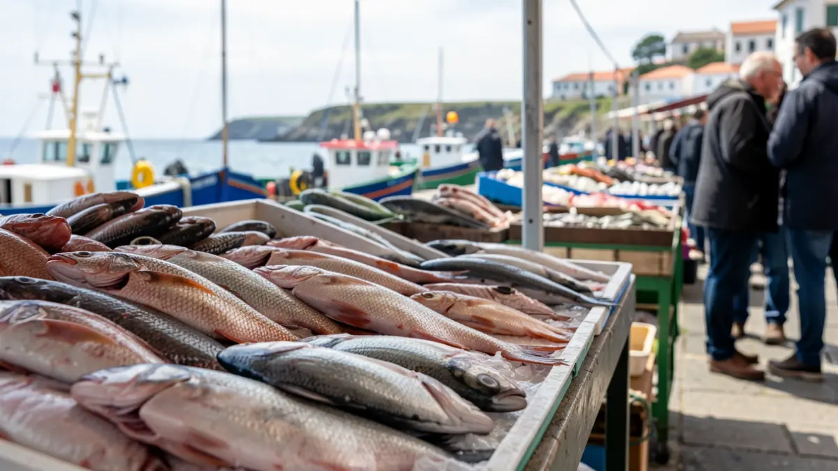 Primeiro plano de peixe fresco nun posto do mercado, con barcos de pesca e a costa galega ao fondo.