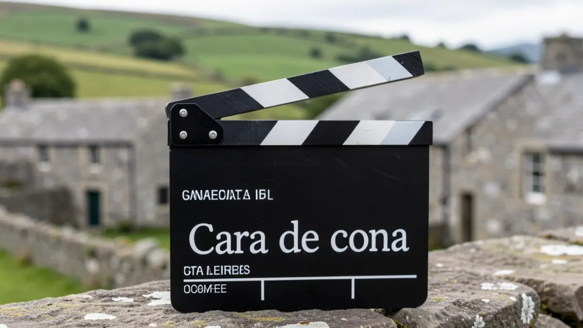 Imaxe dun claqueta de cinema co título dunha curtametraxe, sobre un fondo rural galego.