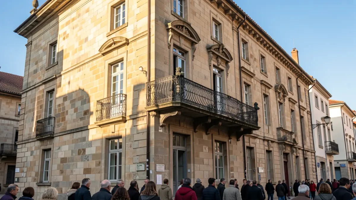 Imaxe xenérica dun edificio de concello galego de pedra con balcón ornamentado.