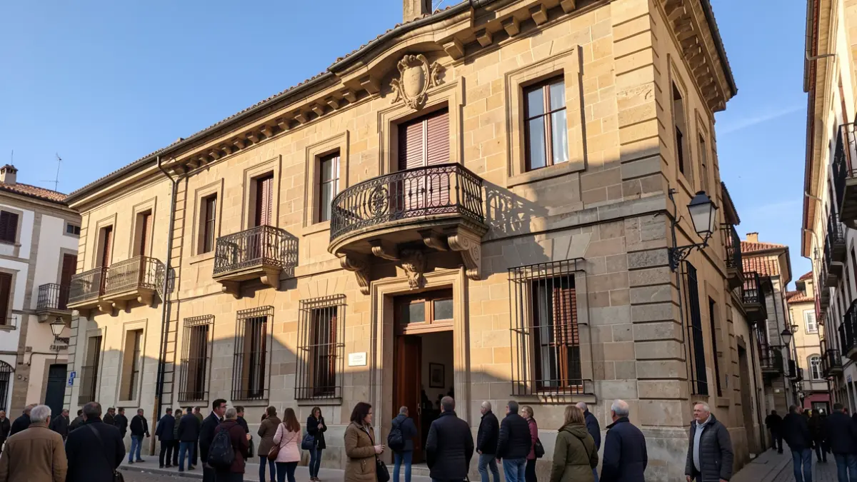 Imaxe xenérica dunha fachada de concello de pedra galego con balcón ornamentado e raís de ferro, luz solar cálida da tarde.