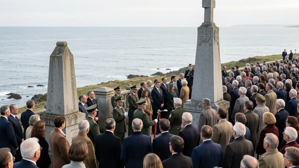 Imaxe xenérica dun acto conmemorativo na costa galega con xente e militares.