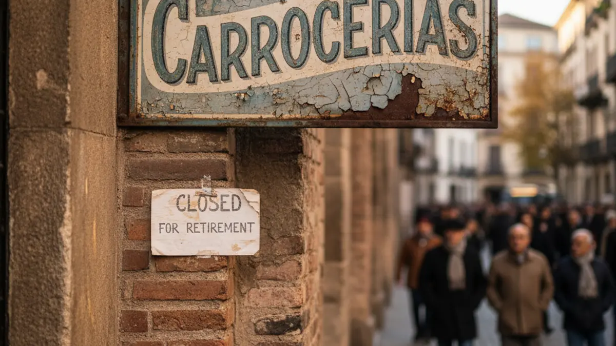 Letreiro antigo de 'Carrocerías Benigno' nunha fachada, con un cartel de 'Pechado por xubilación'.