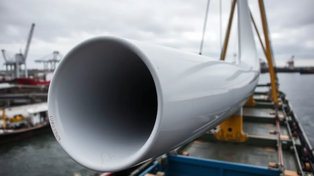 Imagen de una pala de aerogenerador marino siendo transportada en el puerto.