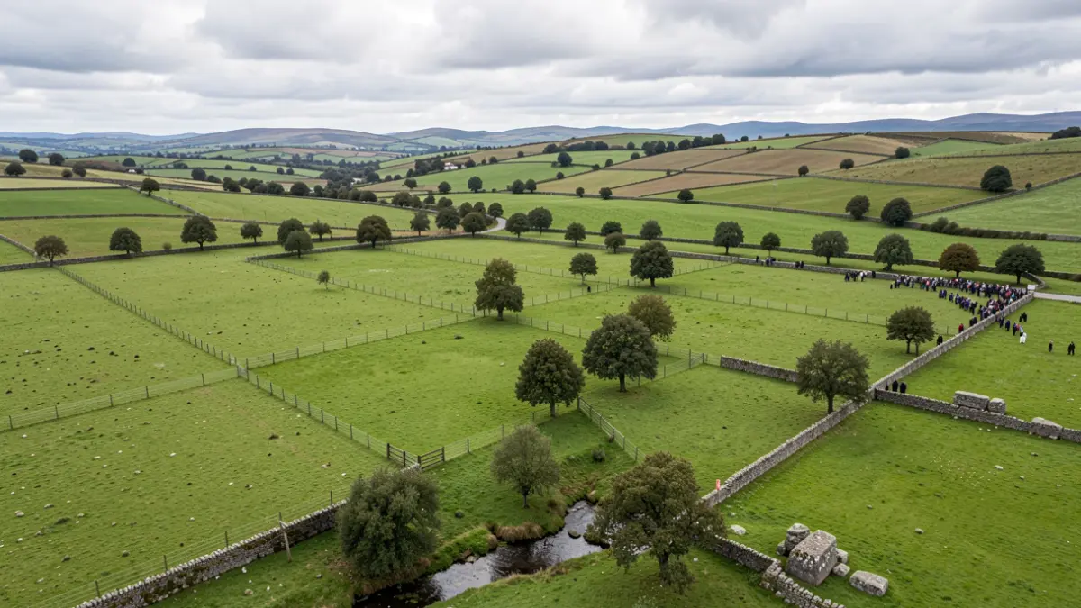 Imaxe xenérica dun pasto verde en Galicia con elementos de pedra e ceo nubrado.