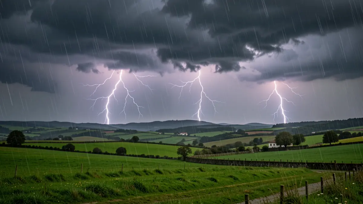 Imaxe xenérica de tormenta eléctrica sobre paisaxe galega.