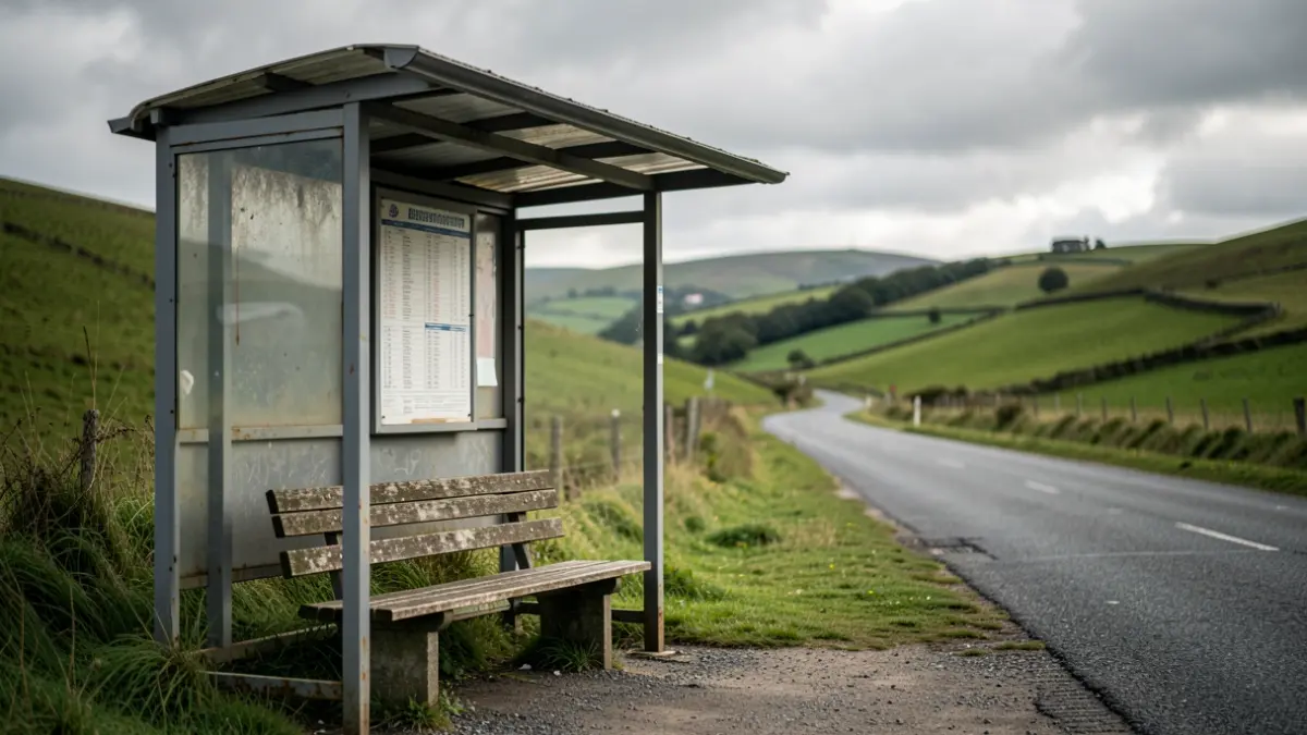 Imaxe dunha parada de autobús rural e solitaria en Galicia, reflectindo a falta de conexións.