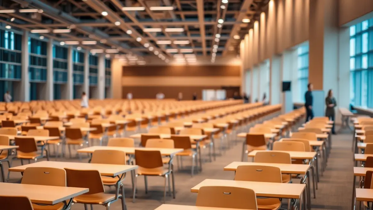 Imaxe xenérica dunha sala de exames con mesas e cadeiras baleiras.