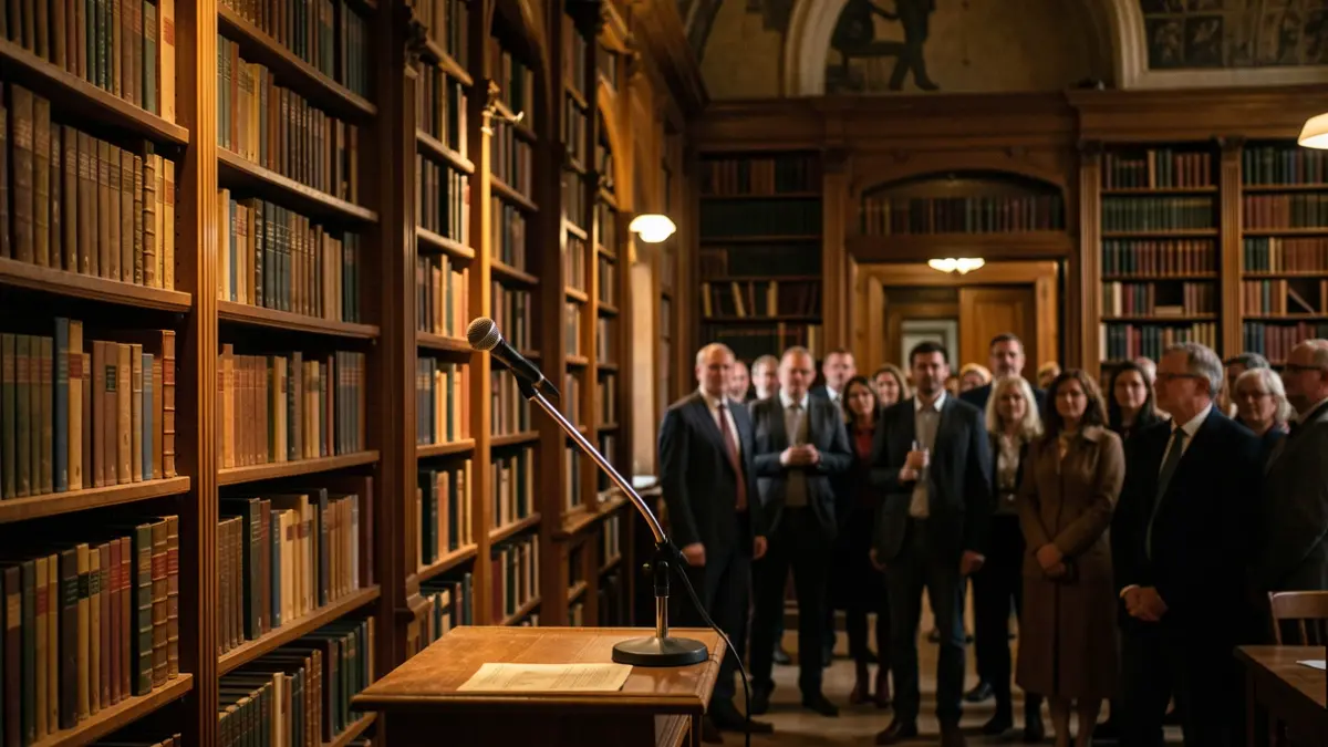 Imaxe xenérica dunha biblioteca antiga con monicreque e atril.