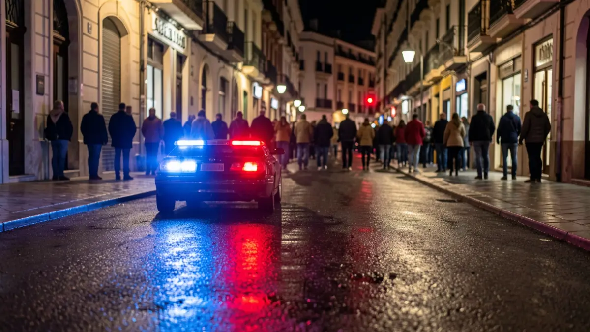 Imaxe xenérica de luces de emerxencia policiais reflectindo nunha rúa mollada pola noite.