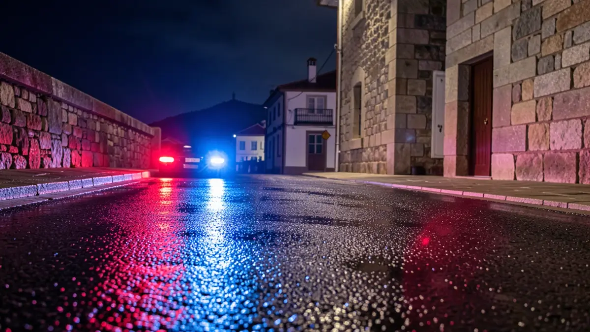 Imaxe xenérica de luces de emerxencia reflectidas nunha rúa mollada pola noite.