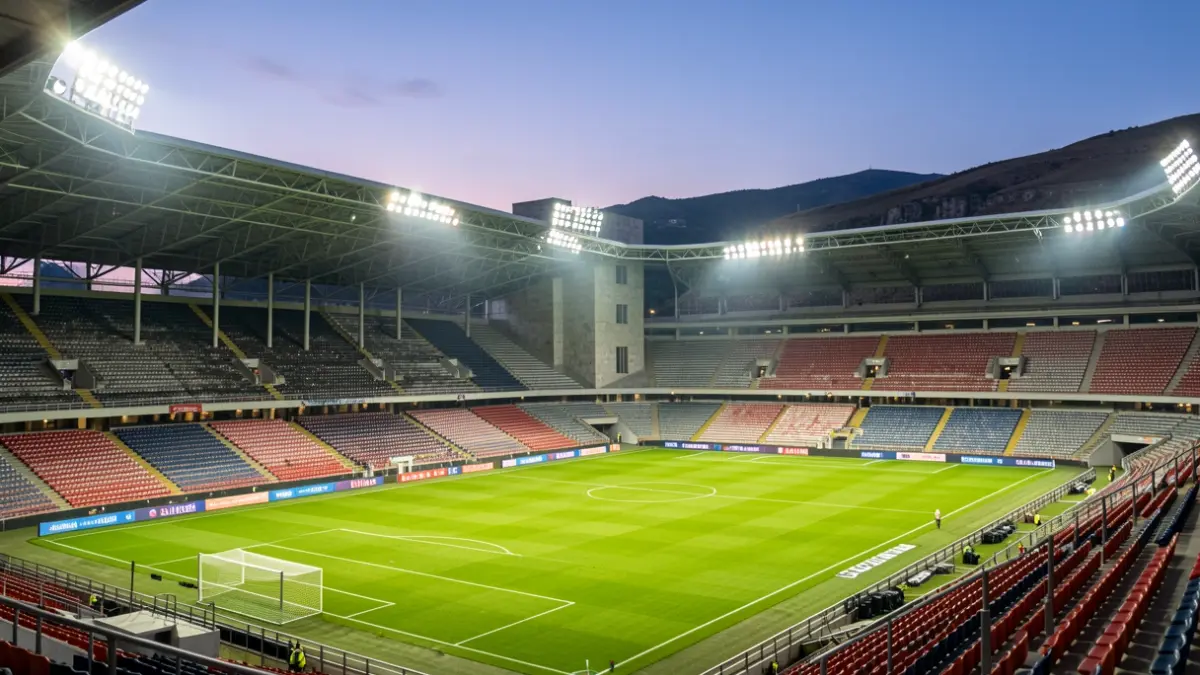 Imaxe xenérica dun estadio de fútbol galego á tardiña.