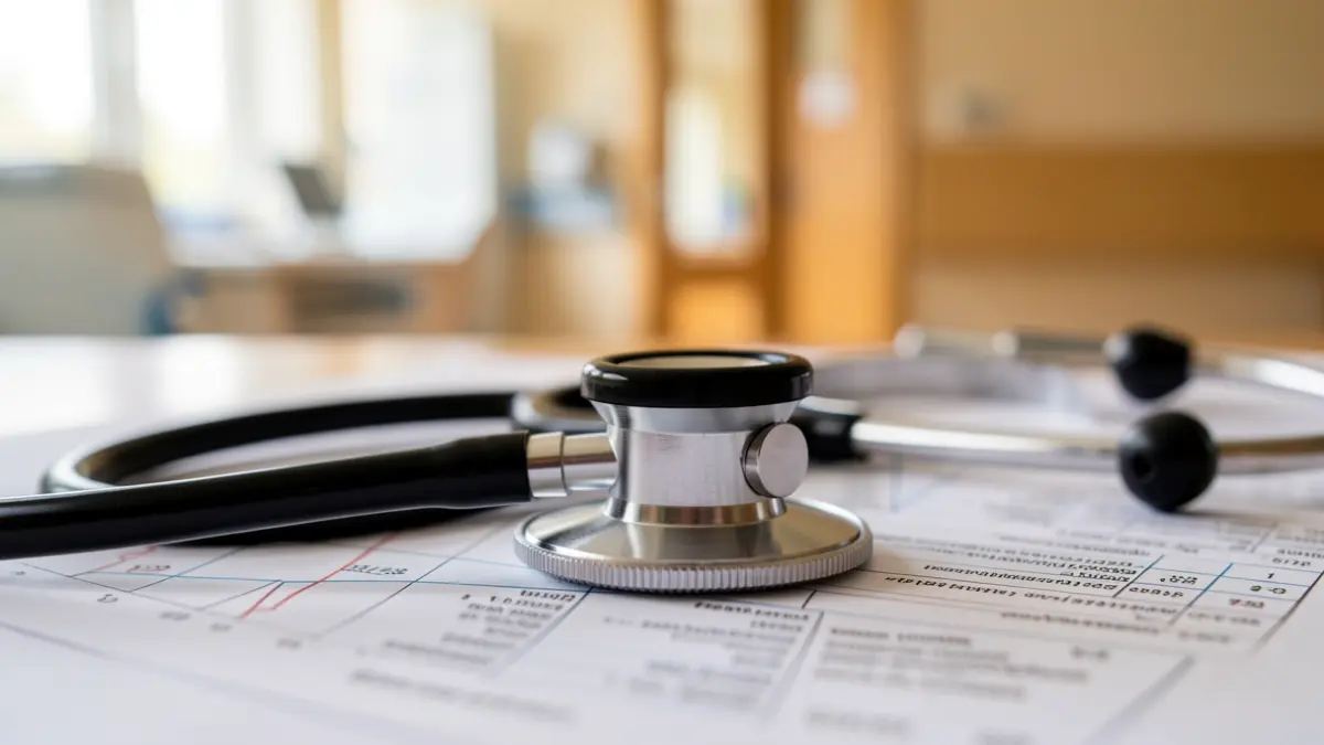 Imaxe xenérica dun estetoscopio sobre un informe médico.