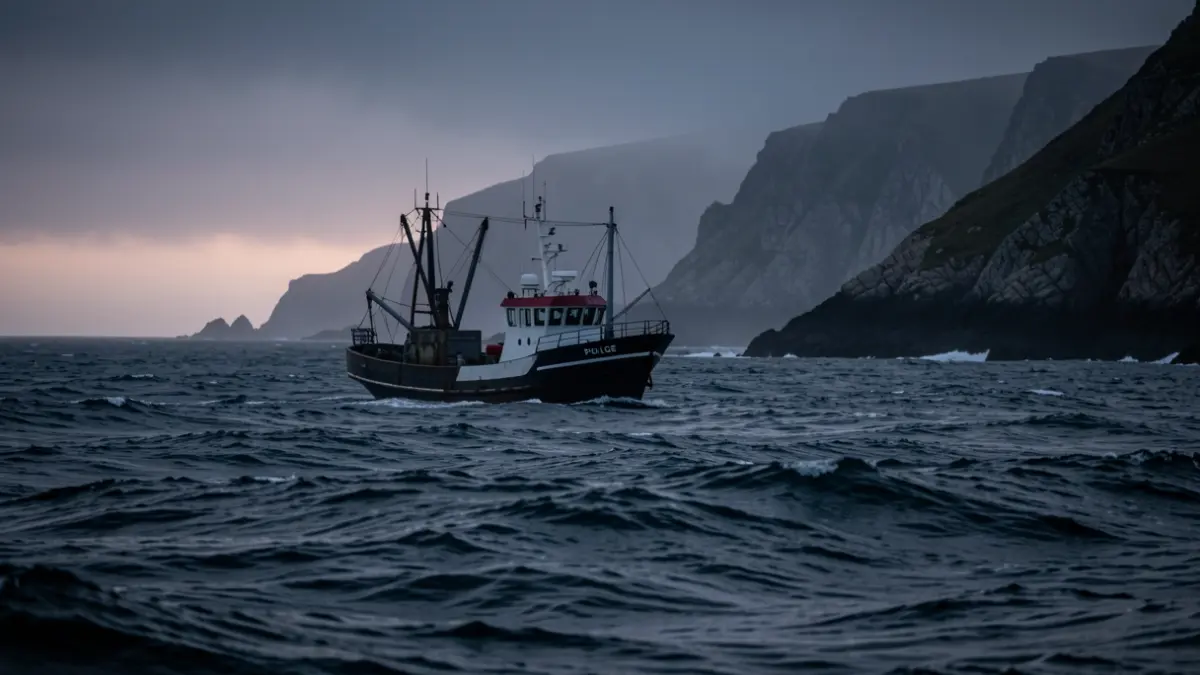 Imaxe dun barco de pesca ao anoitecer na costa galega, con néboa e augas turbulentas.