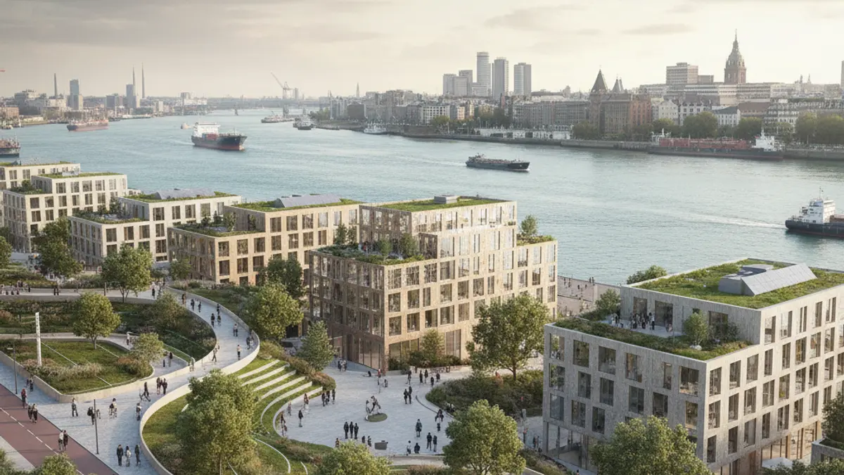 Imaxe dun proxecto de desenvolvemento urbano fronte ao mar, con edificios modernos e espazos verdes.